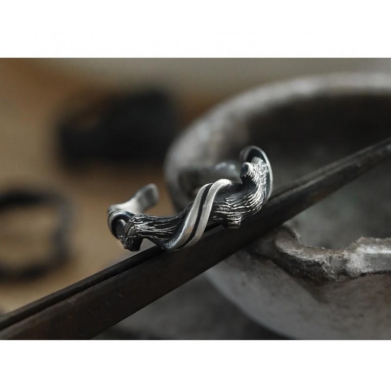 Adjustable Open Ring Men Women Sterling Geometric Vintage Wooden Texture Band Minimalist Couple Jewelry