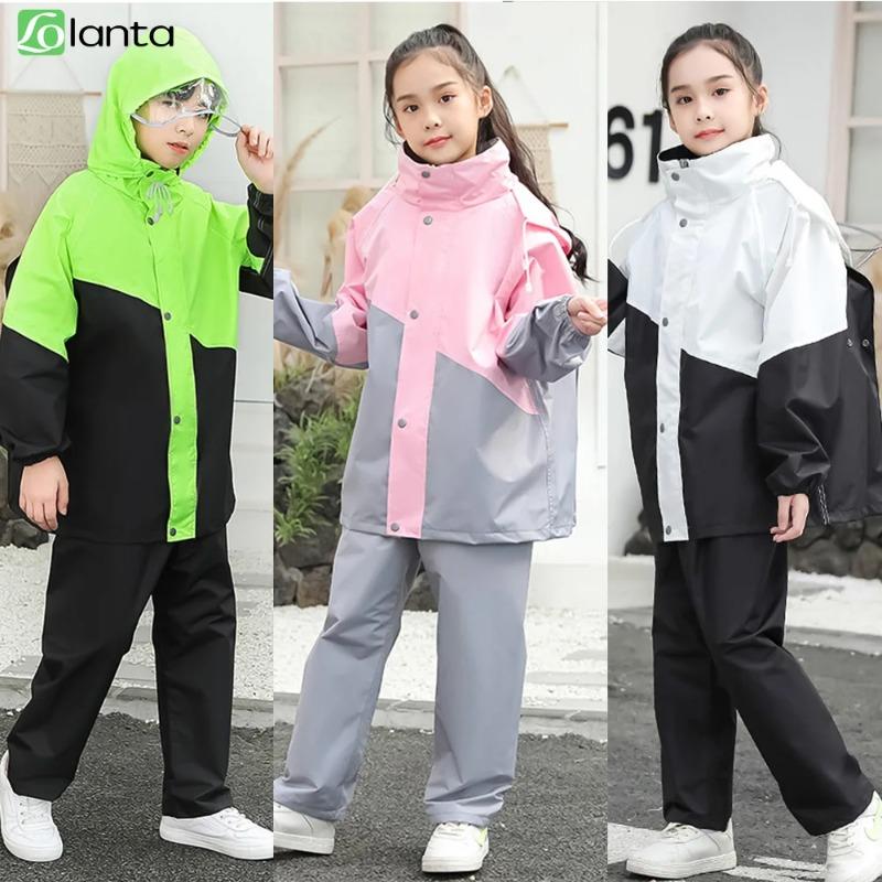 Kids Waterproof Suit Hooded Raincoat Jacket Trousers Set Puddle Suit Zip Boys Girls