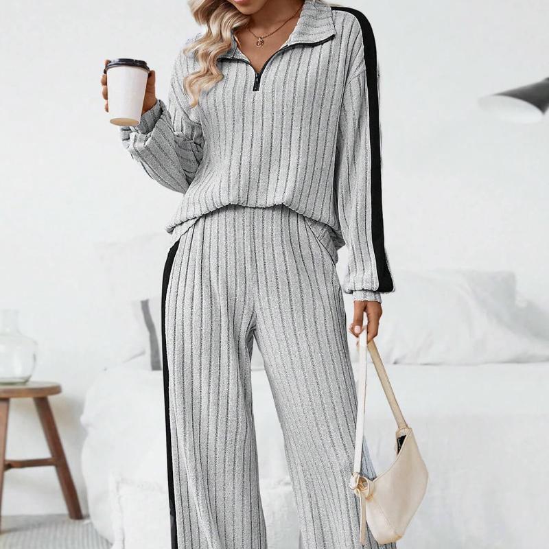 2-teiliges Damen-Oberteil-Hosen-Set Halber Reißverschluss Stehkragen Langärmeliges Sweatshirt Elastischer Bund Weitbeinige Sweatpants Sport-Outfit