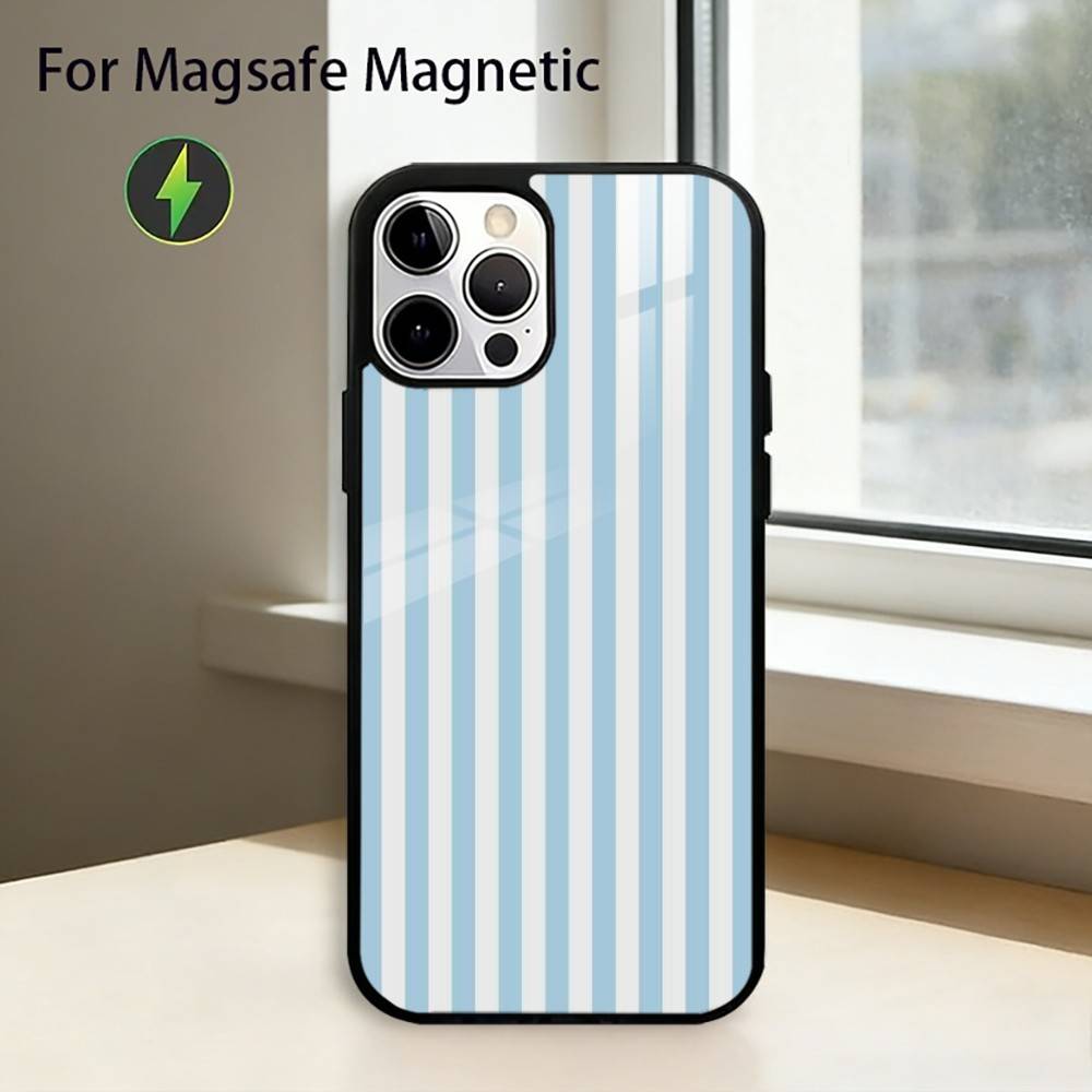 L-light blue stripeds Phone Case For iPhone17,16,15,14,13,12,11 Plus,Pro Magnetic with Magsafe Wireless Charging