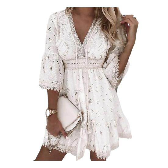 

Женское летнее платье с V-образным вырезом, ажурное, с рукавами три четверти, с кисточками и вышивкой, нарядное, однотонное, на бретелях, летнее мини-платье, женская одежда S белый