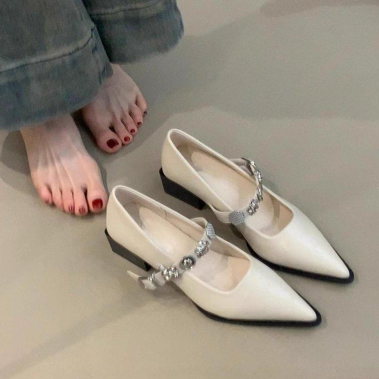 French New White Thick Heel Mary Jane Spring with Skirt Word with Pointed Temperament Single Shoes Tide