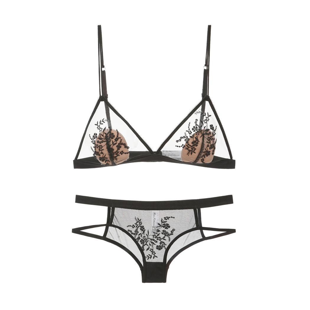 

Французский ультратонкий сетчатый бюстгальтер с вышивкой из кружева, треугольная чашка - беспроводной и минимизирующий для большой груди S чёрный