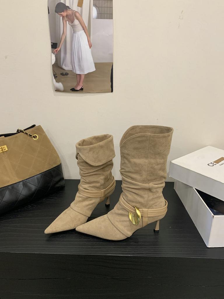 Vintage pointed fashion boots women's 2025 autumn and winter Maillard western cowboy boots suede pleated niche thin boots