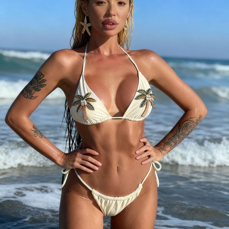 European and American New Split Type Hollow Gathering Triangle Bag Swimsuit Sexy Bikini Swimsuit Casual Large Size