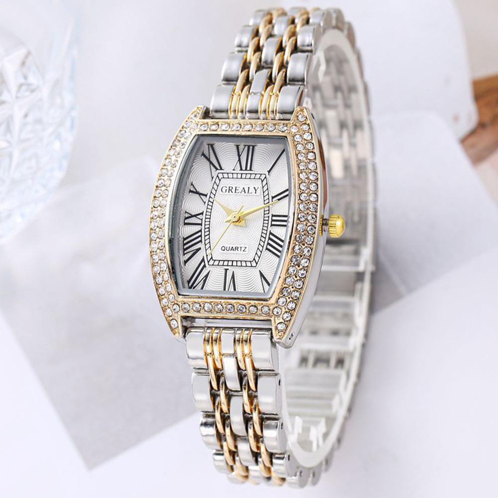 Luxus Damen-Armbanduhr mit Strass-Fass-Zifferblatt und römischen Ziffern - Modisch und lässig