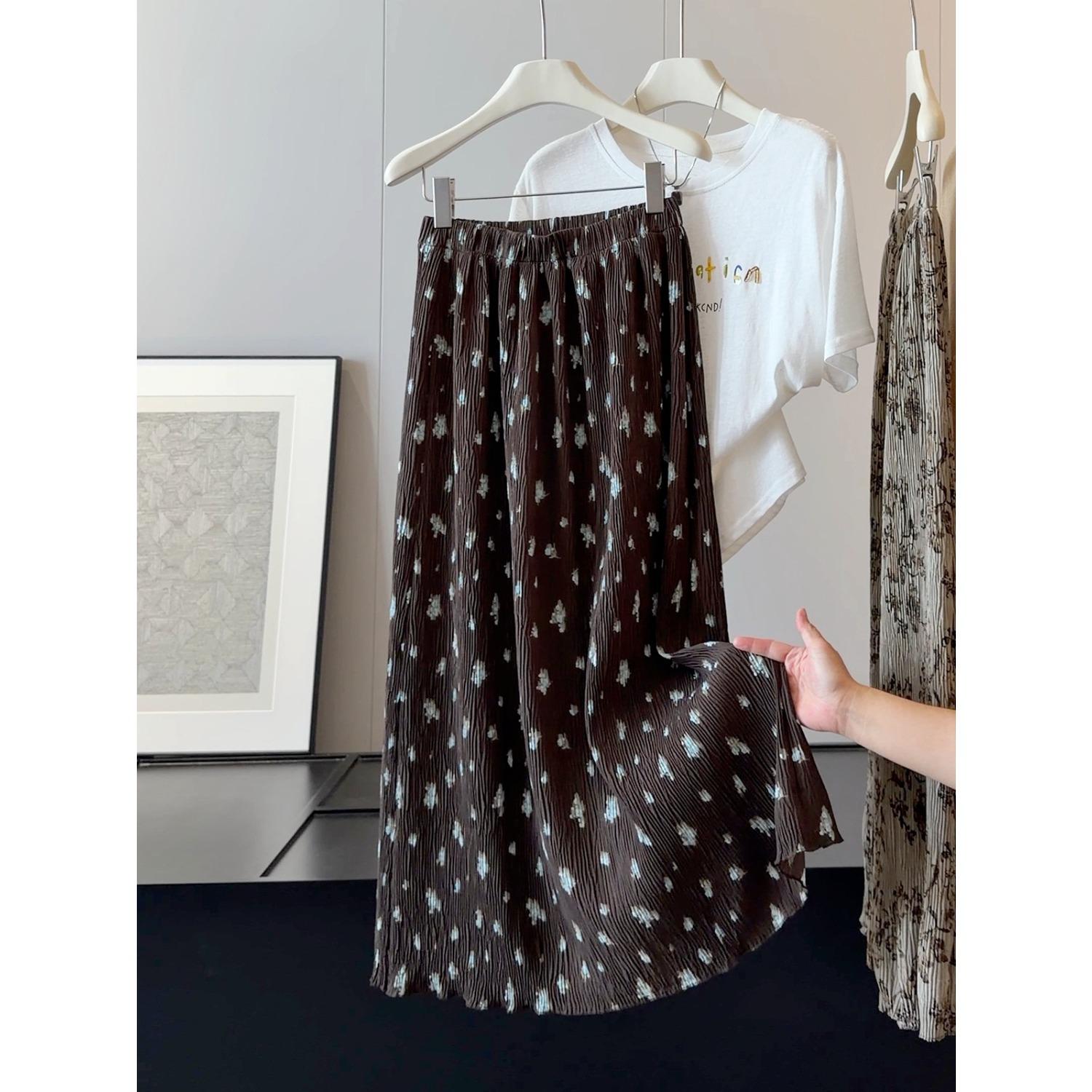 Women s High Waist A-Line Floral Print Midi Skirt Elastic Waist Split Long Skirt One size fits all
