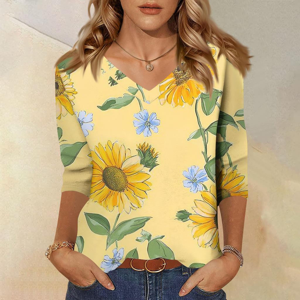 Women's Fashionable Casual V-Neck Three-Quarter Sleeve Printed T-Shirt Top