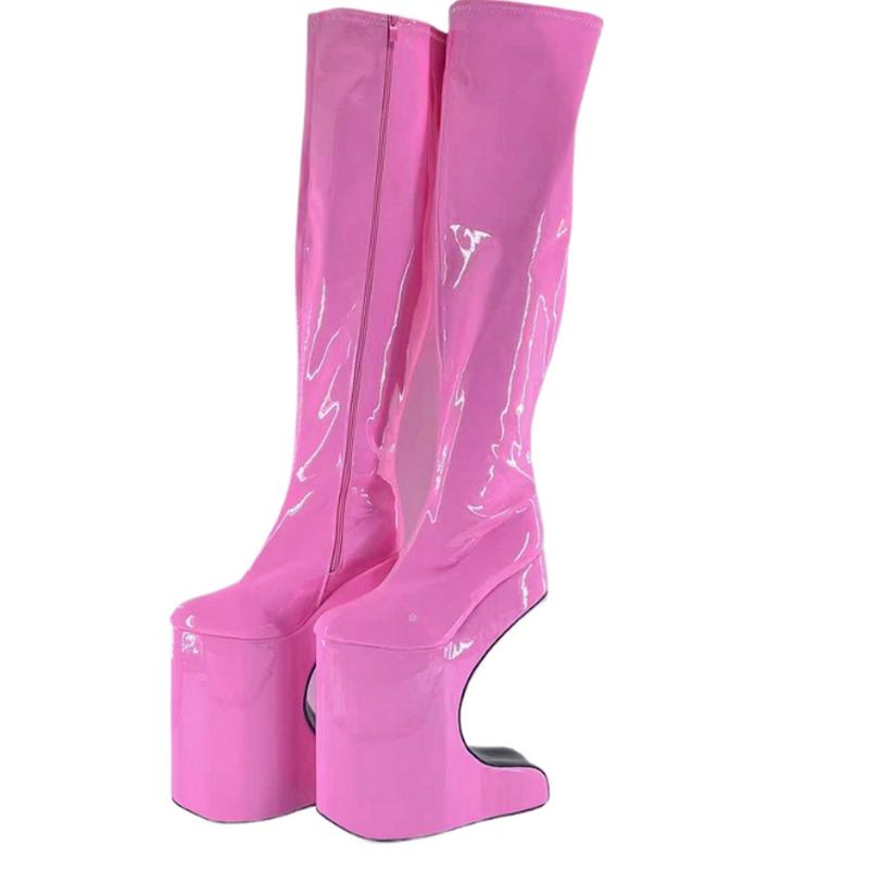 FHC 30CM Bent Heel.Women Knee High Boots,Men Fetish Bed Cosplay Shoes.Platforms Long Botas.Round Toe,Pink,Red,Custom Colors