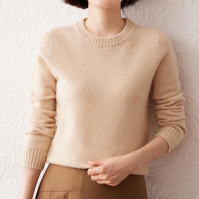 New Women's Pure Cashmere Seamless Round Neck Pullover: Thick, Loose, Simple, Basic Knit for Autumn and Winter.