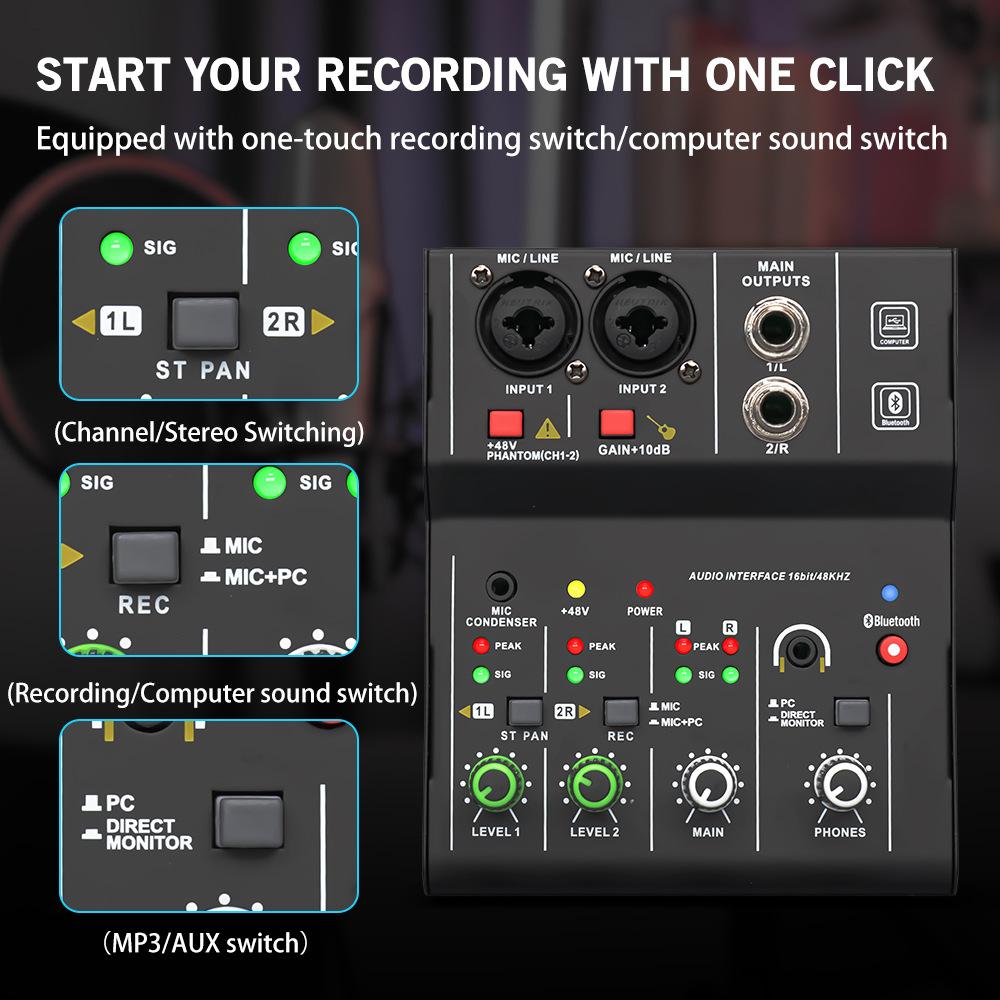 Teyun Q12 Q12m Professional 2 Channels Audio Mixer Interface Sound Card Console Mini USB Recording Mixer For DJ Studio Guitar