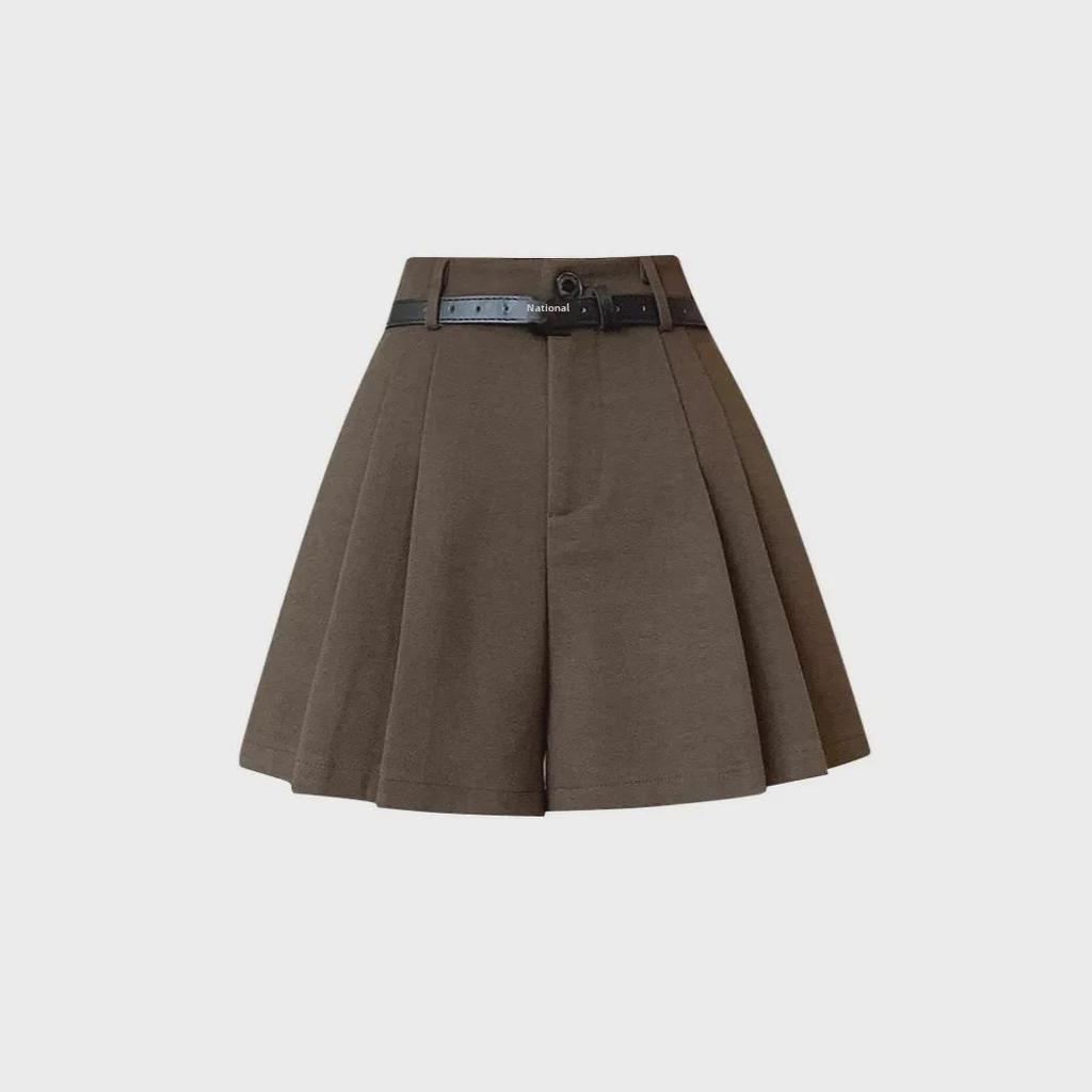 Women's High-Waist Brown Wool Pleated Shorts, Wide-Leg Casual Skirt Pants for Autumn/Winter 2024.