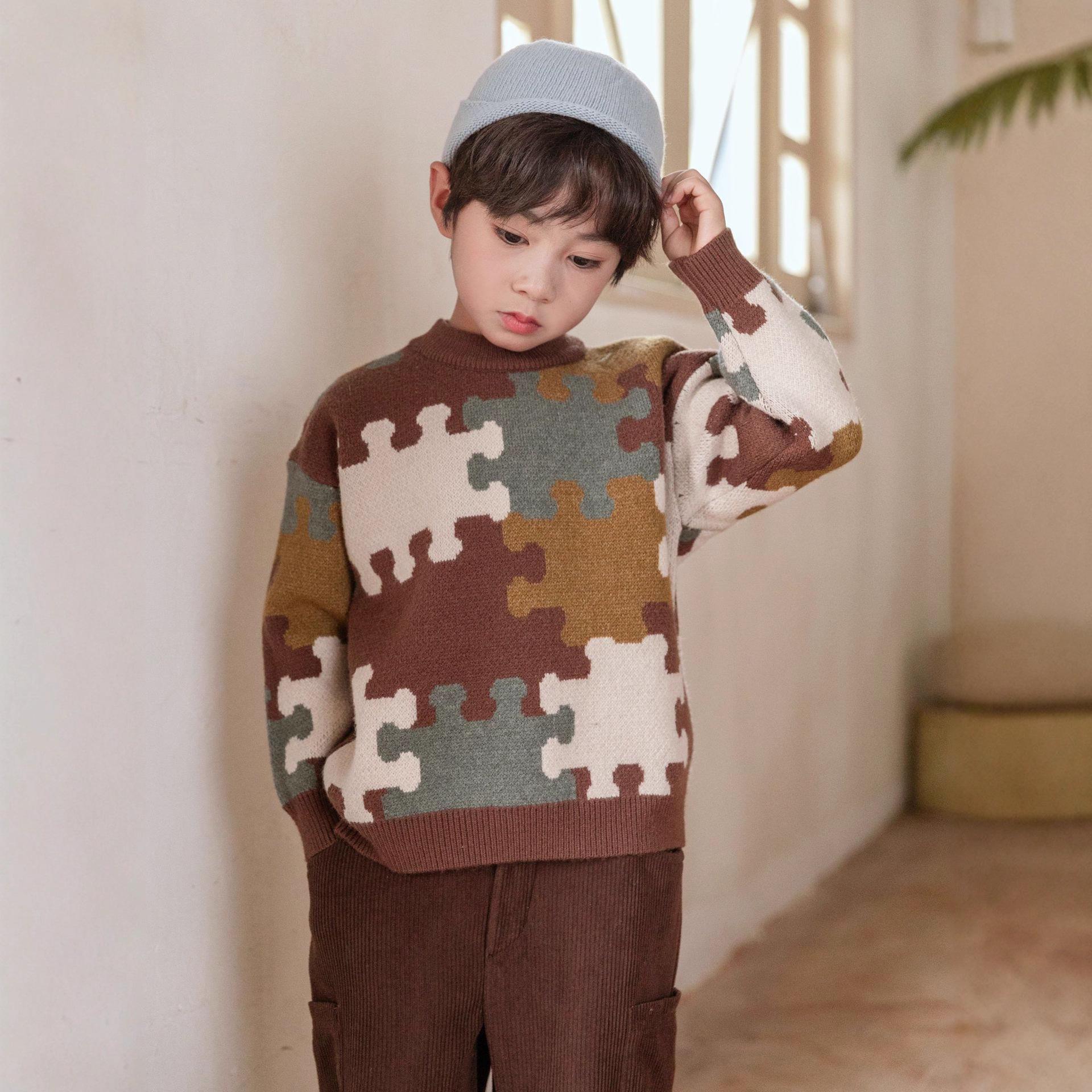 

2025 Boys Crew Neck Jacquard Color Block Winter Sweater Pullover, Thickened Knit - Special Offer 130 cm