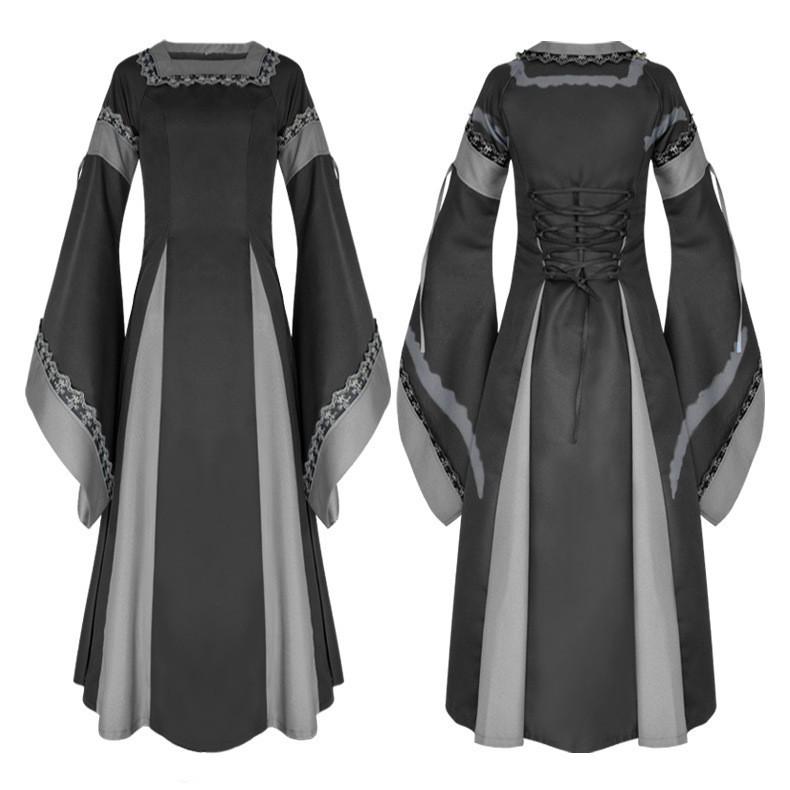 Rochie coadă de rândunică retro cu rever, multicoloră, medievală, pentru femei, cu tiv neregulat