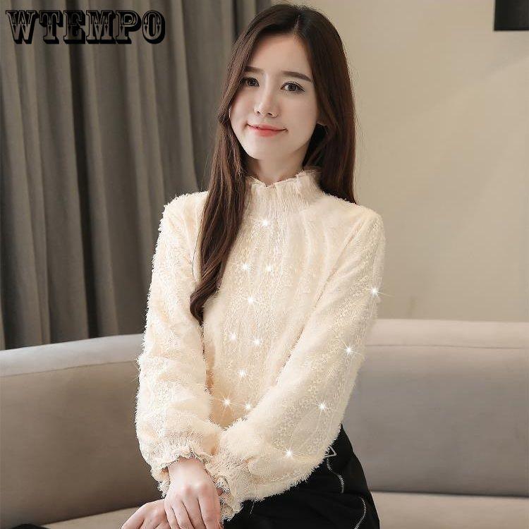Lace Padded Thickening Bottom Shirt Women's Autumn and Winter Chiffon Shirt Flocking Top
