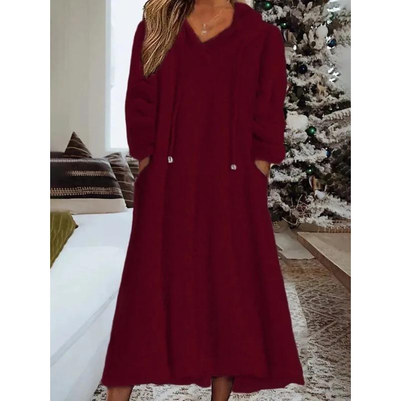 New Autumn Winter Casual Plush Hooded Long Sleeve Dress For Women Warm Home Wear Everyday Comfort Loose Maxi Dresses Robe Femme