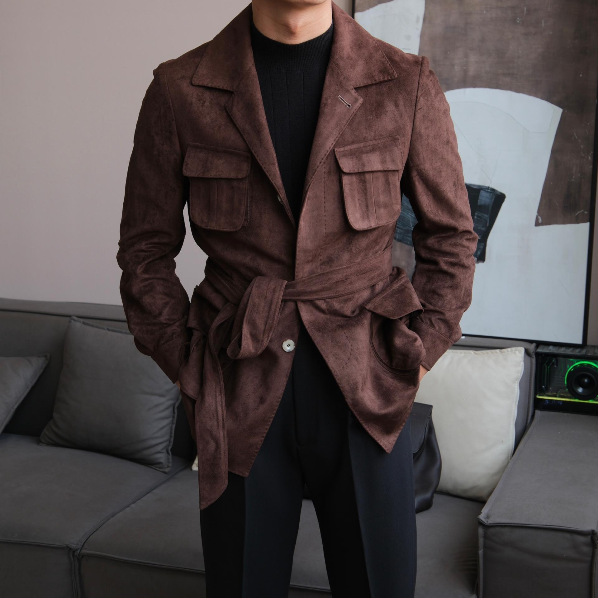 Одежда Ruishen: Стильная мужская ретро замшевая осенняя охотничья куртка XL кофейный