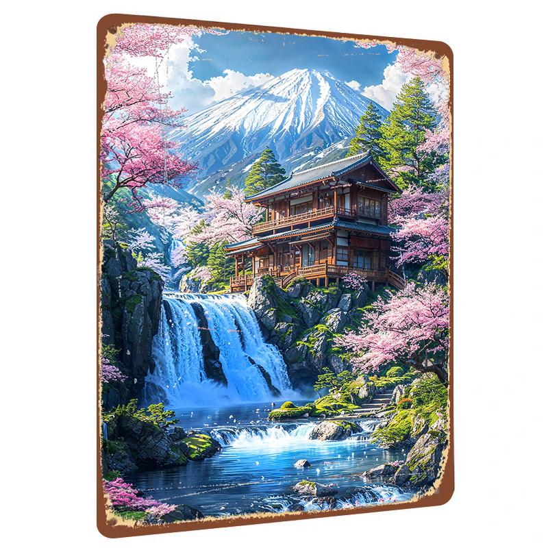 

Japanese Landscape Sakura Waterfall Iron Painting Living Room Wall Art Decorative Mural 20x30cm（7.8x11.8inch）