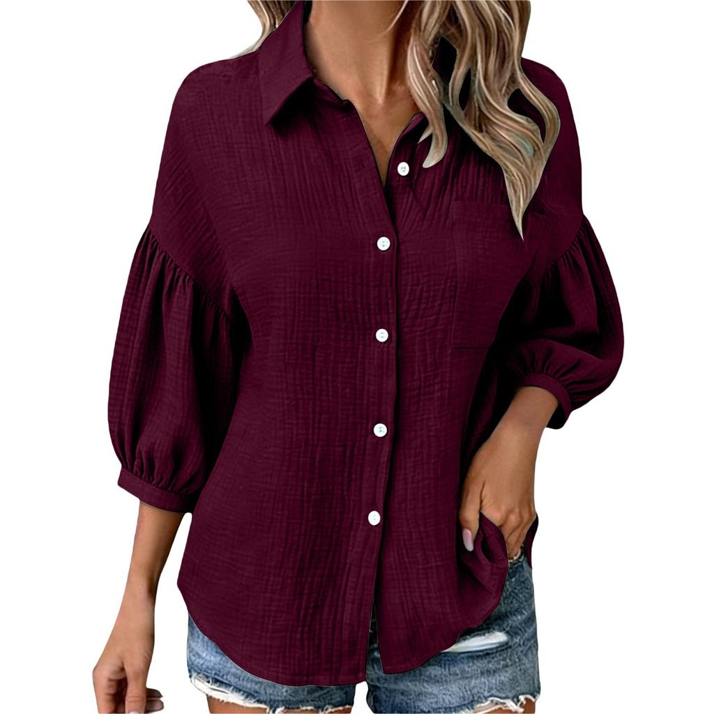 Women's Fashionable Loose-Fit -Color Casual Button-Down Shirt