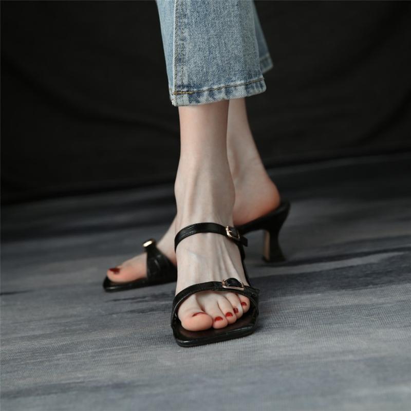 New Summer Sandals Women Concise Square Toe High Heel Fashion Shoes Women Genuine Leather Solid Slippers For Women Heels