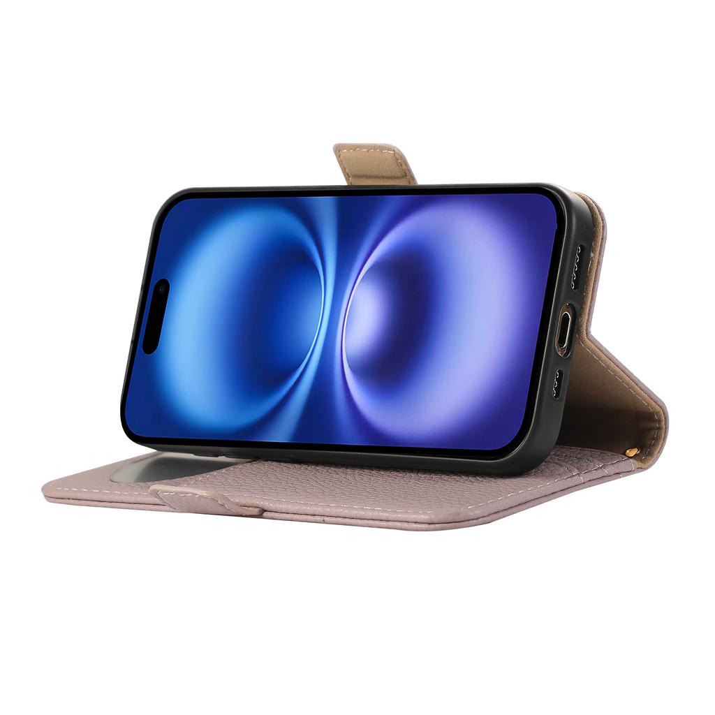 For iPhone 16 Plus Wallet Phone Case Shockproof TPU+PU Leather Flip Cover with Mirror,Strap