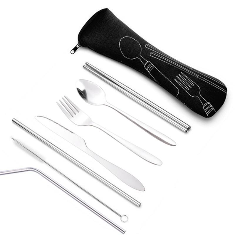 Stainless Steel Outdoor Cutlery Set: Knife, Fork, Spoon, Chopsticks, Straw with Peony Cloth Bag - 7 Pieces