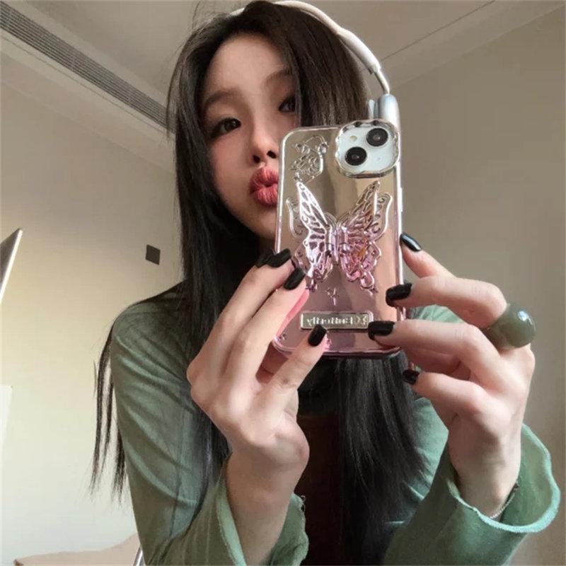 

Чехол для телефона с 3D бабочкой и полым кронштейном для iPhone 15 ProMax 14 13 Pro Max 15 12 Pro, модный матовый чехол-подставка с градиентным покрытием iPhone 13 розовый