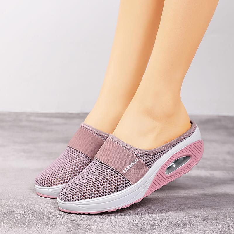 Large Size Without Heel and One Pedal, Women's Lazy Thick-soled Air Cushion Hollow Mesh Breathable Bag Head Half Drag Women's Shoes