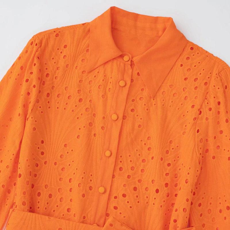 Women Vintage Three Quarter Sleeves Front Buttons Belt Green Embroidery Mini Dress