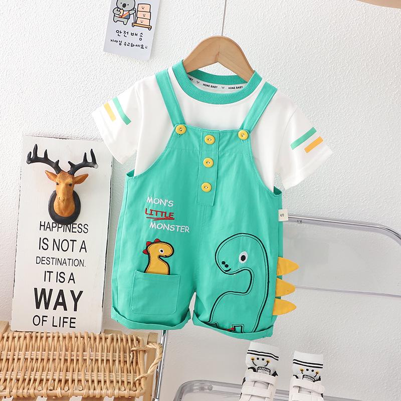 Boys' 2023 Summer Dinosaur Short-Sleeve Overalls Set - Two-Piece Outfit for Kids