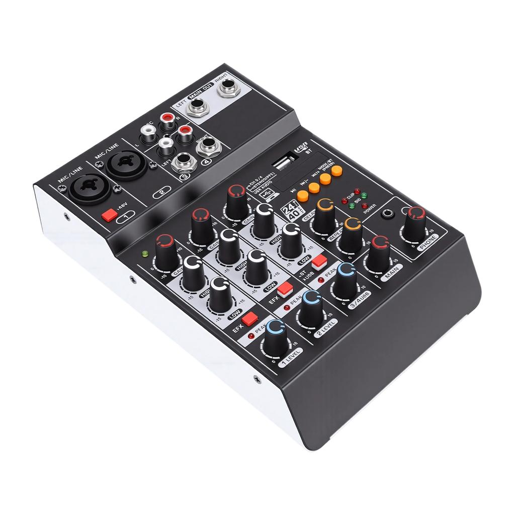 Sound Mixer USB MP3 Bluetooth Computer Input 4 Channel 48V Phantom Power Stereo DJ Mixer for Computer Recording Karaoke