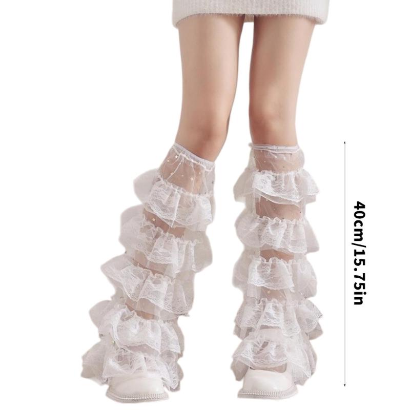Women Tiered Ruffle Lace Leg Warmer Sweet Knee Highs Leg Socks Princesses Sheer Leg Warmer Summer Thin Leg Sleeves Gift