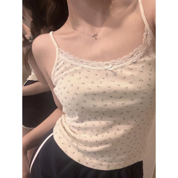 Summer new U-neck floral short-sleeved front-shoulder short top for women, slim backing, small fresh and thin T-shirt for women