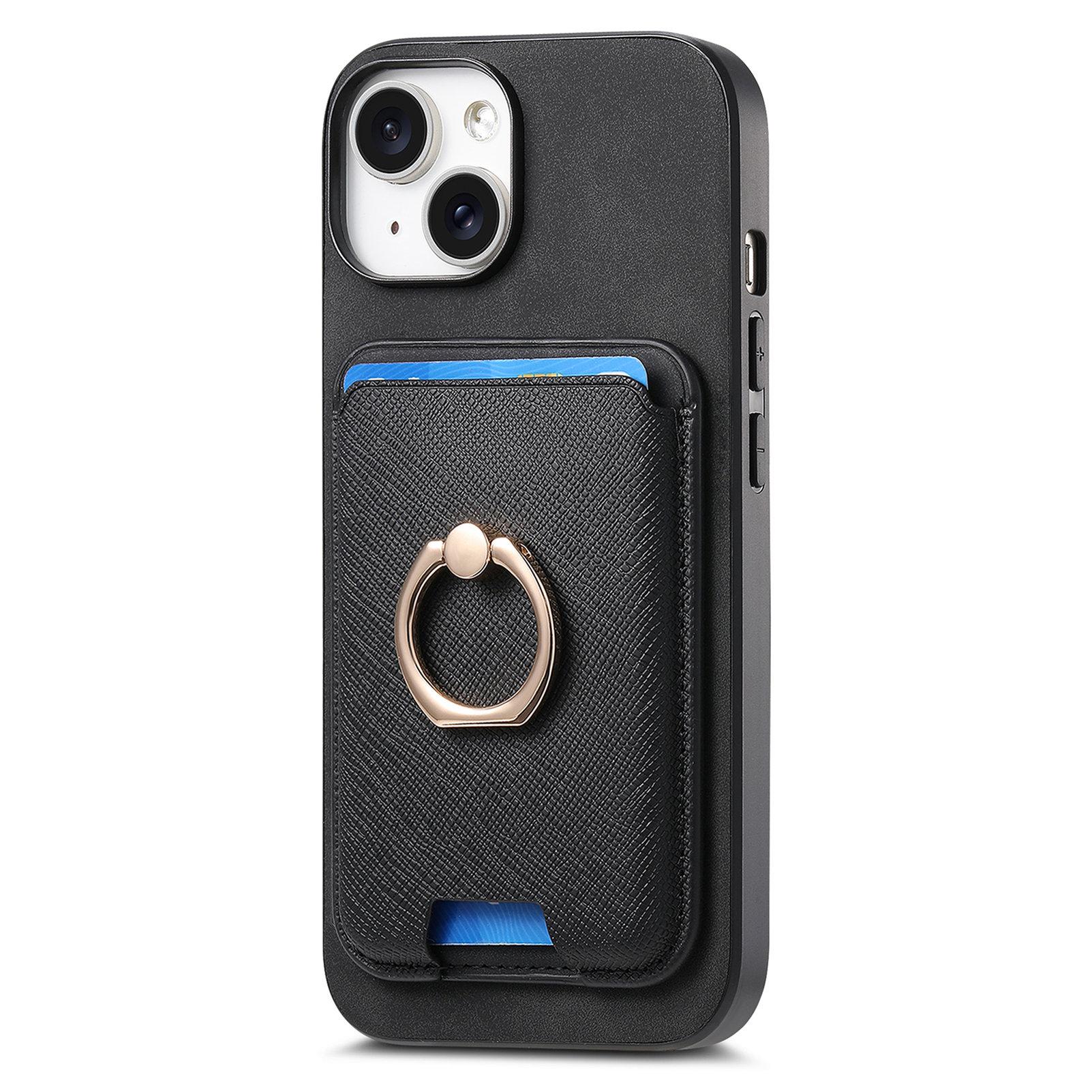 

For iPhone 14 Case Ring Kickstand Phone Cover with Detachable Magnetic Card Slot Black