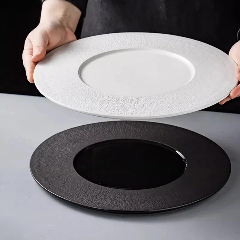 Relief Wide Edge Ceramic Plate Round Steak Plate Pasta Plate Dessert Sushi Plates Molecular Cuisine Restaurant Tableware