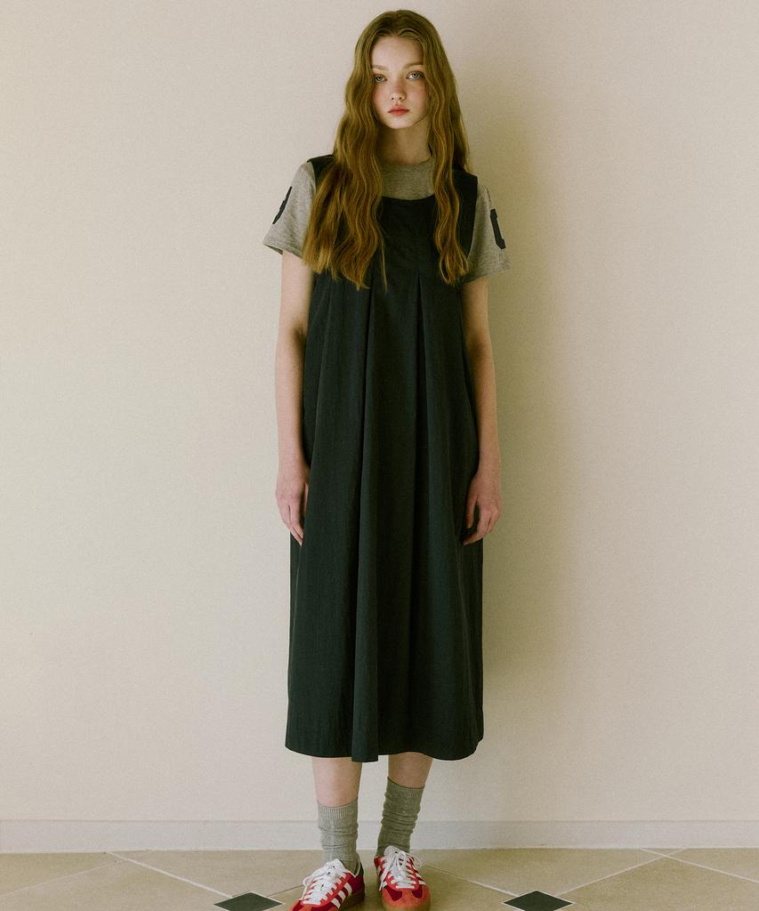 Green Butter Cotton Nylon Pintuck Dress (Navy)
