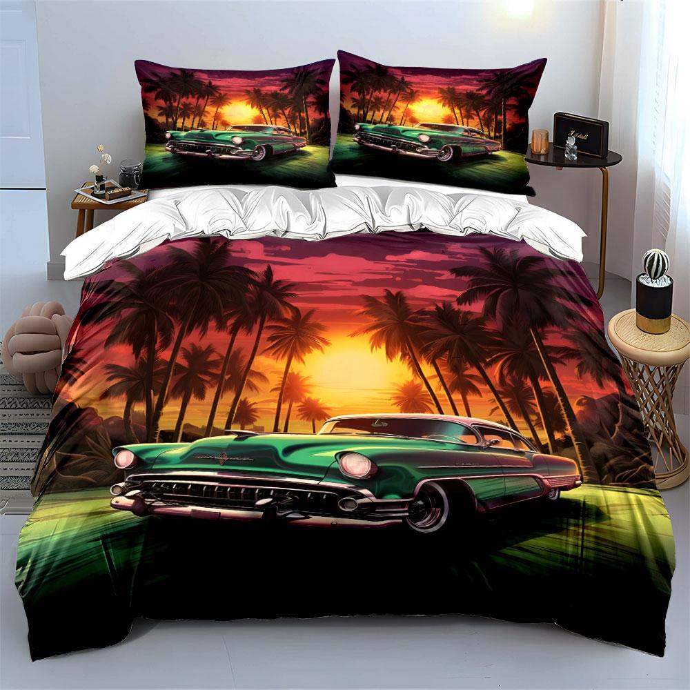 Classic car under sunset Bedding Set for Kids Luxury Gift 3pcs Digital Print Comforter Set Soft Comfortable Breathable