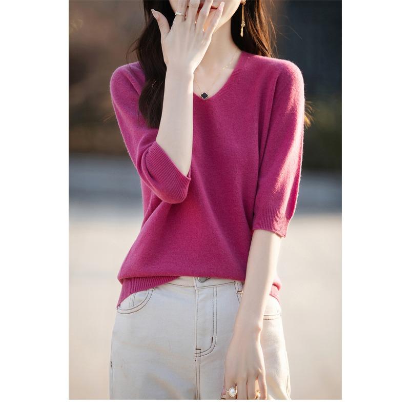 Women S Short Sleeve V Neck Solid Color Knit Pullover Top