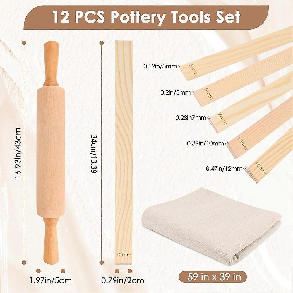 12 Pcs Pottery Tools Teaching Set, Include 17inch Slab Roller 10 Pcs Wooden Rolling Pin Guides 1 Li