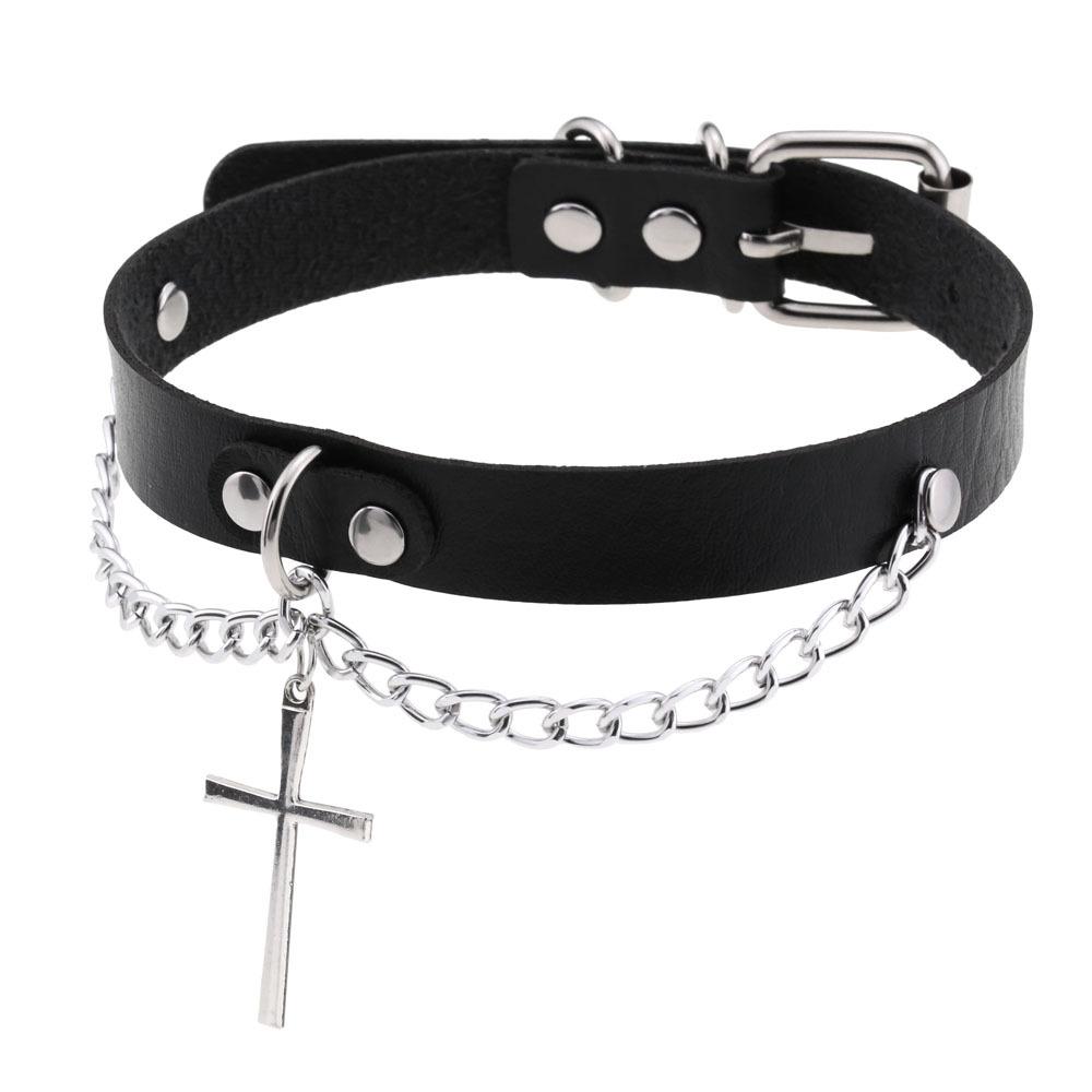 Role Play Choker Gothic Satan Inverted Cross Necklace Stainless Steel Pu Leather Cosplay Anime Necklaces Emo Goth Jewelry
