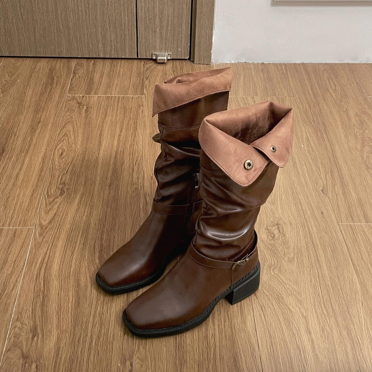 

Brown retro high-end thick-heeled boots children s boots 2025 new autumn with skirt Maillard knight boots 40 коричневый