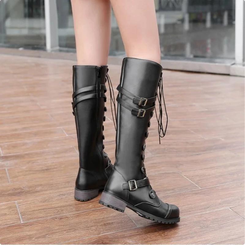 Fashion New Fashion Women Knee High Boots Brand Lace Up Platform Shoes Sexy with Buckle PU Retro Buckle Luxury Shoes Designer Snow Boots