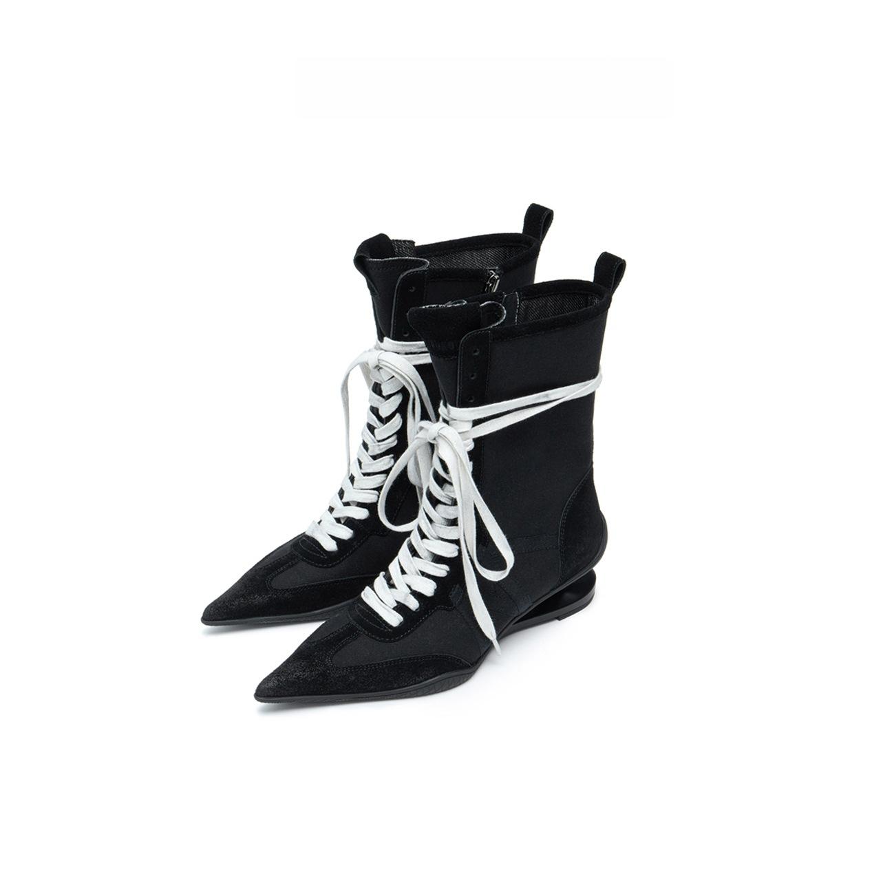 

[Spot] Niche design sense retro and old knight boots polished pointed Martin boots straps high-heeled short boots 40 чёрный