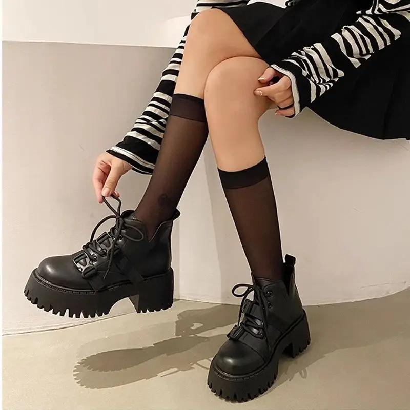 Fashion Women's Ankle Boots Biker Fleece-Lined Leather Round Toe Warm Booties New Rock Large Size Y2k Boot In Autumn Female Short Shoes