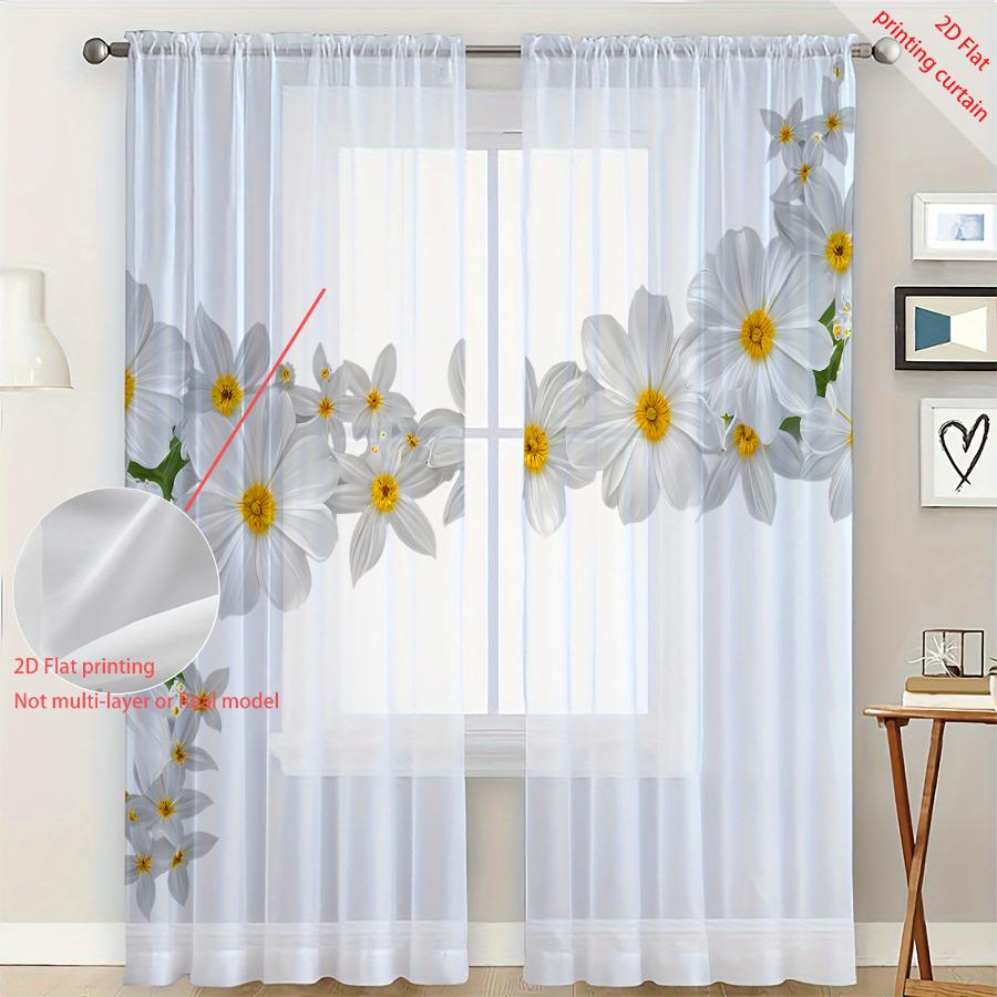2PCS Digital Print Sheer Curtains, Yellow Stamen White Daisy, Fresh Minimalist Style for Living Room Bedroom Window Decoration