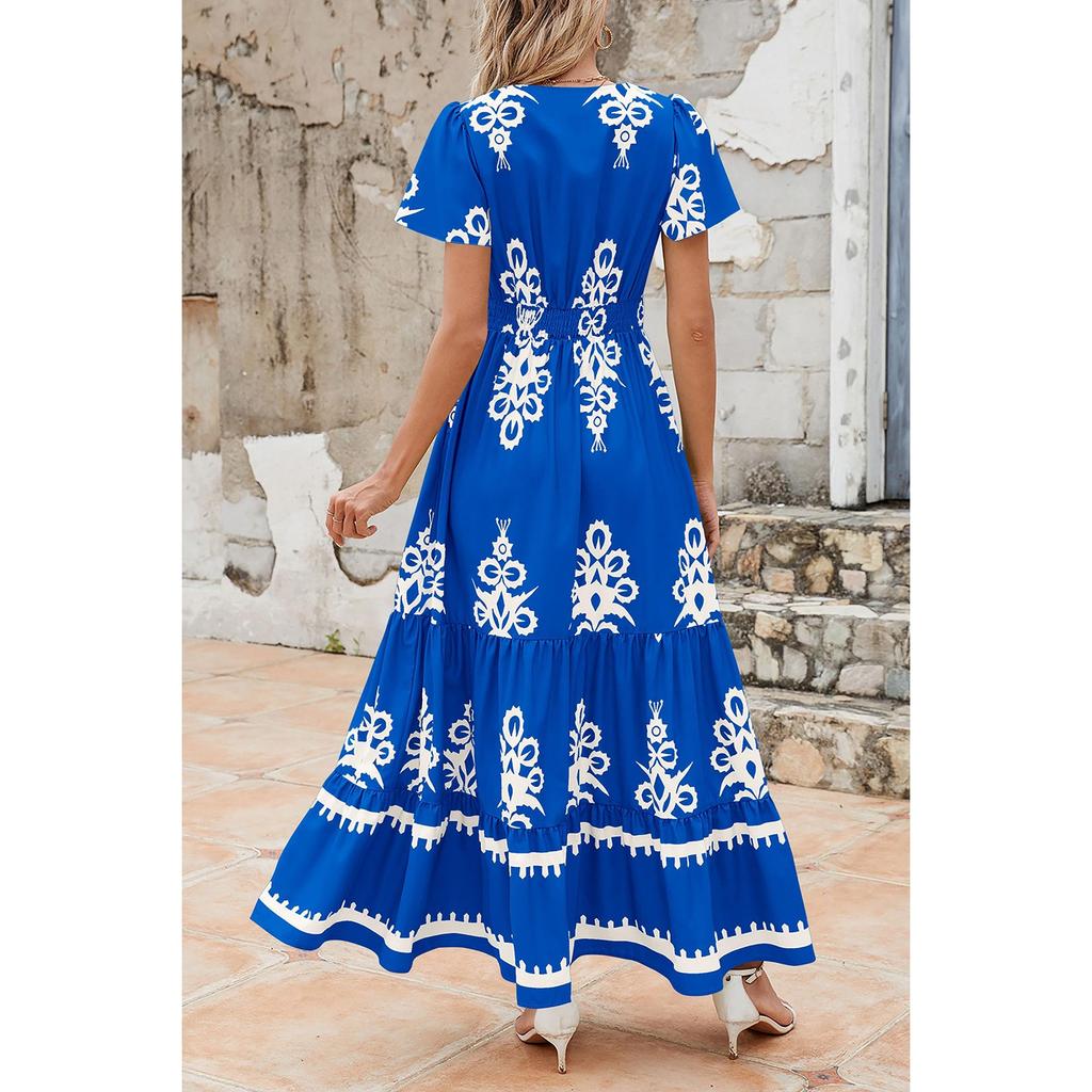 Damen Lässiges Langärmeliges Sommer-Strandkleid V-Ausschnitt Lockeres Sonnenkleid