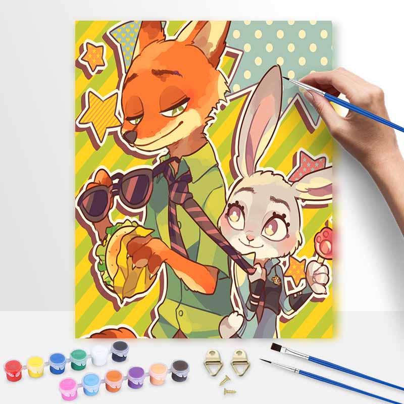 Disney Zootopia Nick Judy Oil Paint Art Painting Kit Home Wall Decor Handmade Gift DIY Canvas Painting Drawing Set for Adults Wall Art Decor