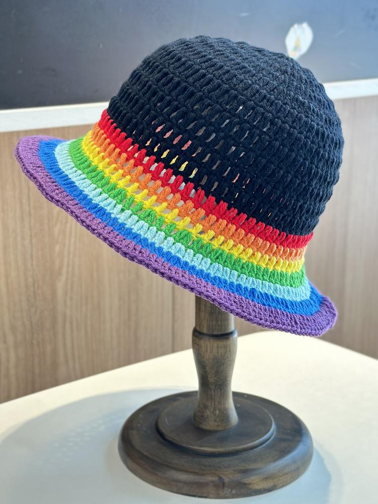 New Rainbow Striped Fisherman Hat Women Japanese Knitted Wool Bucket Hat Autumn And Winter Warm Windproof Basin Hat
