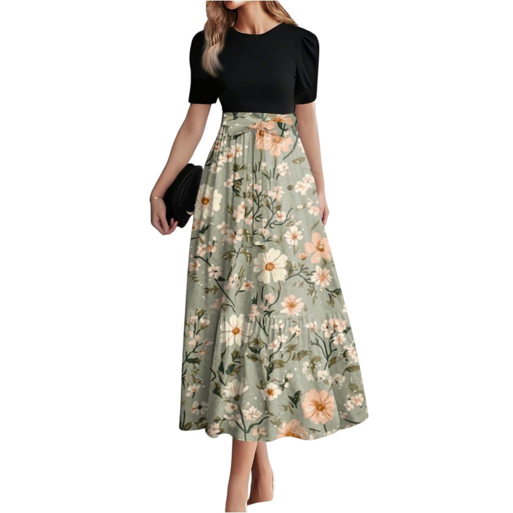 Dámské módní ležérní šaty s páskem, krátkým rukávem, kulatým výstřihem, šitím, elegantním temperamentem