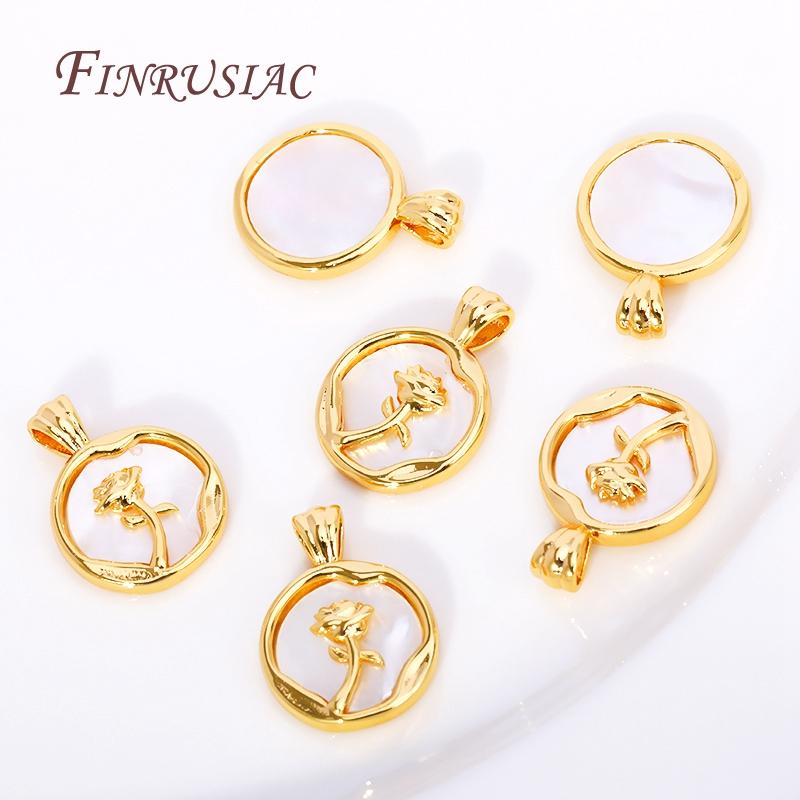 18K Real Gold Plated Rose Pendant Jewellery Making Supplies,Natural Shell Round Charms For DIY Necklace Making Crafts